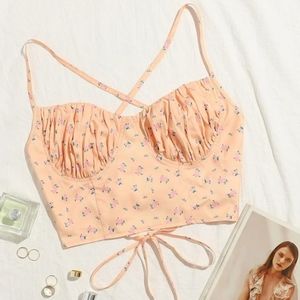 Ruched Bust Lace Up Back Ditsy Floral Cami Top